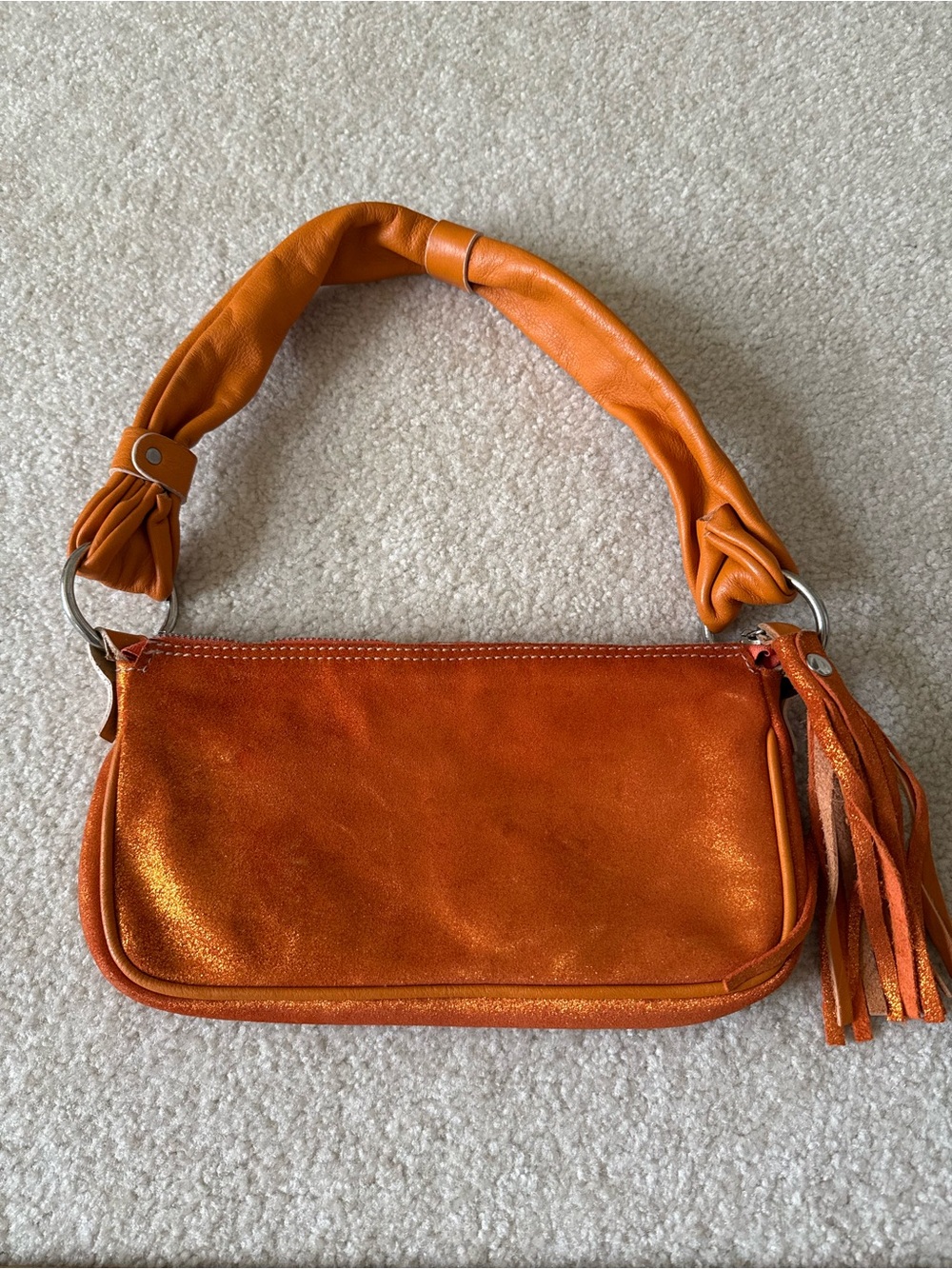 Orange Metallic leather Shoulder Bag with Tassel